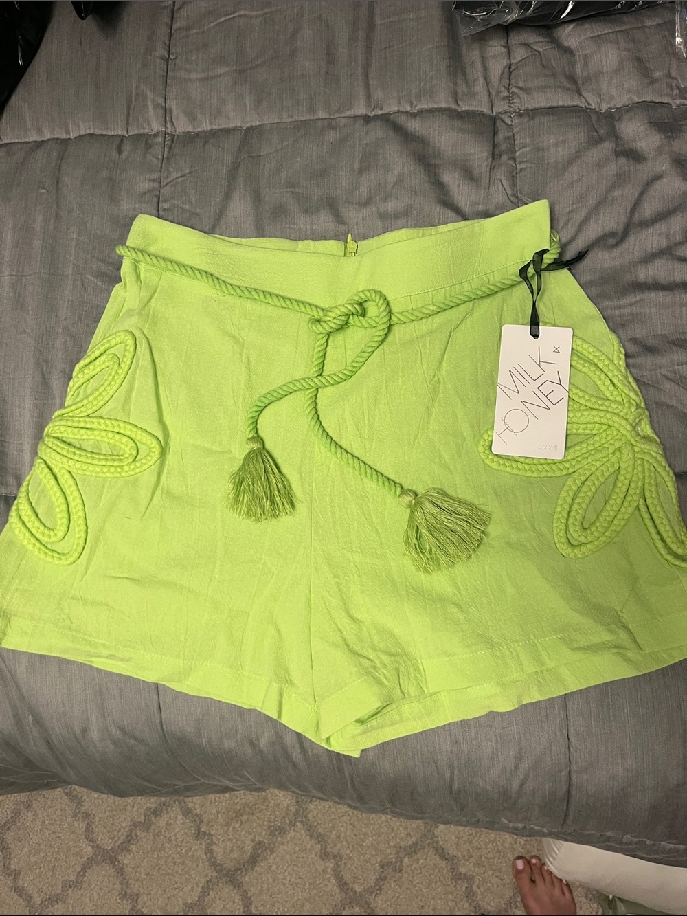 MILK x ONE Lime Green High-Waist Shorts with Braided Tassel Belt
